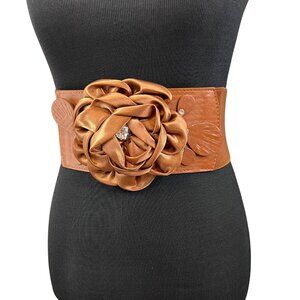 AP Belts Floral Stretch Belt Wide Satin Flower Rhinestone Caramel Brown Elastic